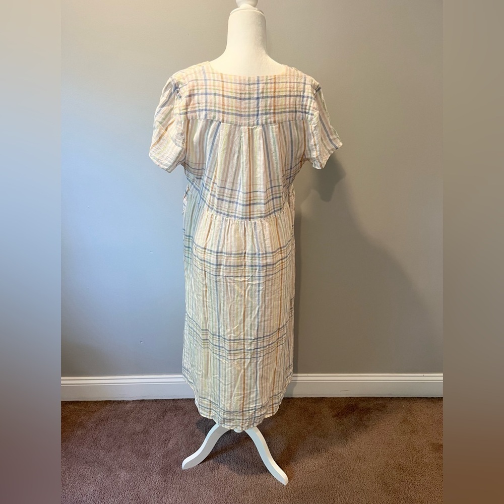 Madewell Midi Dress Linen Blend Plaid Sleeve Pastel Beachy Clara White Pink MP - Picture 3 of 6